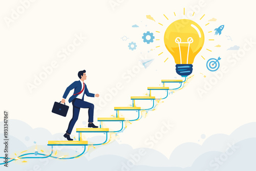 Businessman in suit climbing stairs to a bright lightbulb, symbolizing creative thinking, innovation, and professional success. Concept for brainstorming, career growth, and new opportunities.