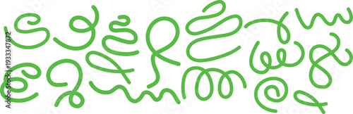 Green swirling squiggles on a white background. Abstract shapes and lines pastel hand drawn illustrations.