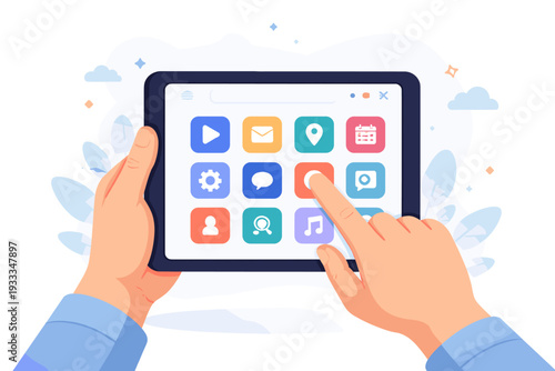 Hands holding a tablet computer with colorful application icons on the screen. A finger touches a mobile app icon. Flat vector illustration of digital technology, user interface, and software design.