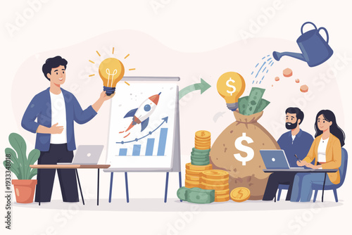 Venture Capital and Financial Support for Startup and Entrepreneur Company, Businessman Pitching Creative Money Making Idea to Investors with Lightbulb, Rocket Launch Chart and Money Bag Growth.