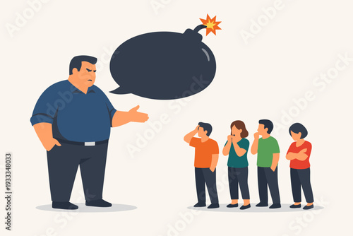 Aggressive Large Man with Bomb Shaped Speech Bubble Shouting at Intimidated Group of People, Concept of Toxic Communication, Verbal Abuse, Workplace Bullying, Explosive Anger, and Intimidation.