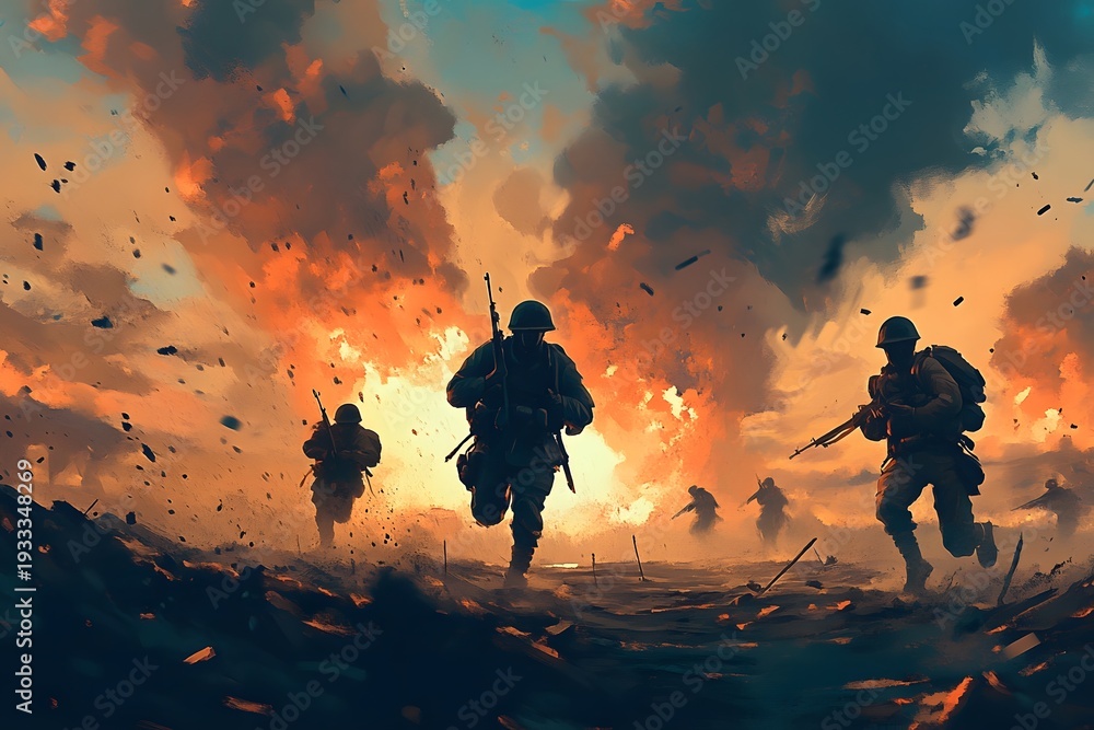 Naklejka premium Soldiers running across the battlefield. Explosions in the background.