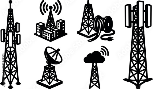 Flat vector telecom tower icon set multiple antennas satellite dish city transmitter cable spool black silhouette closeup collection