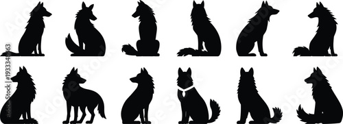 Sitting wolf silhouette collection isolated on white background, black wild canine vector set in different poses for wildlife logo and design