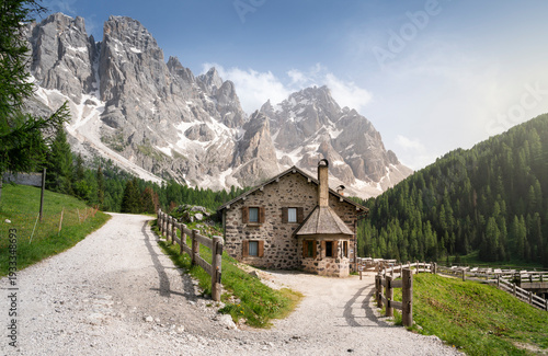 Mountain village in the italian alps, Dolomites. Venegia valley