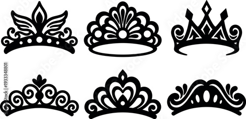 Silhouette vector tiara set six decorative crowns in ornamental flourish shapes for beauty pageant logo and jewelry design elegant