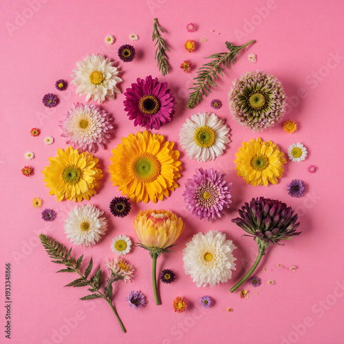 Wallpaper Mural Bright aster, gerbera, and chrysanthemum flowers are arranged in a vibrant circle against a soft pink backdrop, radiating warmth and cheer under natural light Generative AI Torontodigital.ca