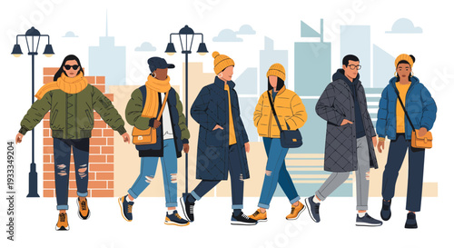 Diverse group of stylish young people walking together.