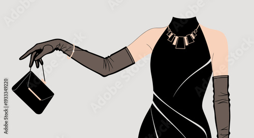 Elegant Woman in Black Dress Holding Handbag.
