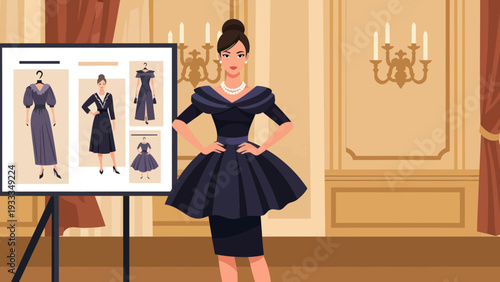 Elegant Woman in Black Dress Presenting Fashion Designs.