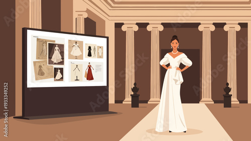 Elegant Woman in White Gown on Catwalk Displaying Fashion.