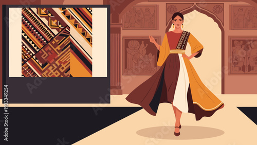 Elegant Woman in Traditional Indian Attire on Catwalk.