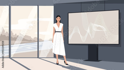 Elegant Woman in White Dress Standing Confidently.