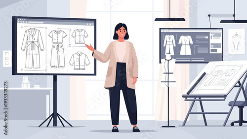 Fashion Designer Presenting Clothing Designs on Screen.