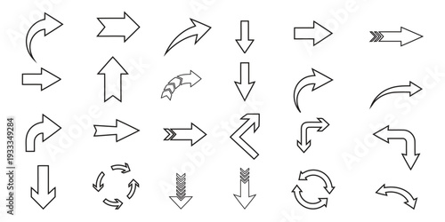 Set of hand drawn outline arrows pointing in different directions and shapes