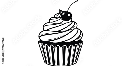 A black and white illustration of a cupcake with whipped cream and a cherry on top