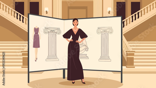 Woman in elegant black dress stands before art exhibition display.