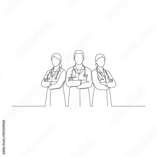 Three doctors with stethoscopes, arms crossed, in a minimalist line drawing on white background.