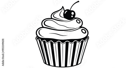 A black and white illustration of a cupcake with frosting and a cherry on top