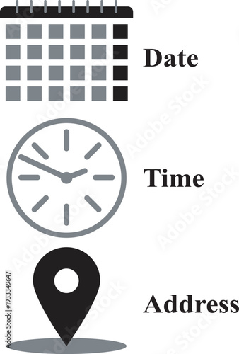 Calendar date time address location flat design vector illustration set