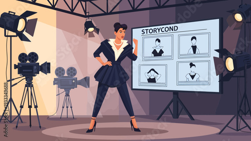 Woman posing confidently in a dark suit on a film set.