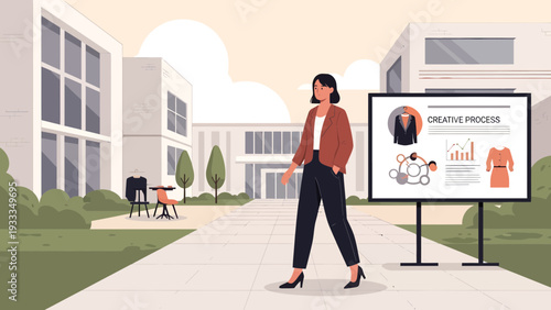 Woman presenting creative process on a screen outdoors.