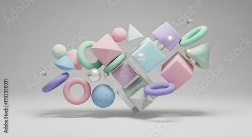 Iridescent crystal spheres and prisms casting colorful shadows on white