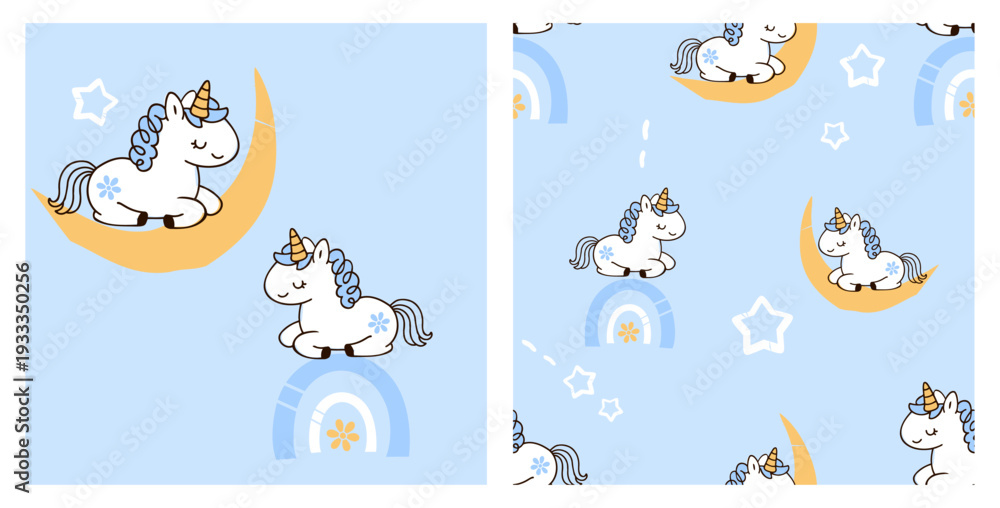 Naklejka premium Seamless unicorn pattern with cute unicorn on crescent moon and rainbow illustration.