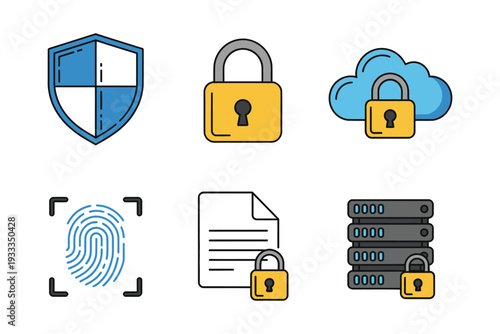 Cybersecurity and Data Protection Icon Set – Solid Vector Collection Featuring Shield, Padlock, Cloud Storage, Fingerprint Scan, Document Security, and Server Protection Symbols