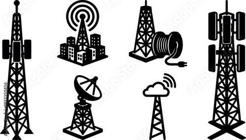 Flat design close up telecommunications tower icon set showing antenna silhouettes cables and satellite dish for network signage technical minimal