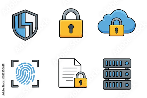 Cybersecurity and Data Protection Icon Set – Solid Vector Collection Featuring Shield, Padlock, Cloud Storage, Fingerprint Scan, Document Security, and Server Protection Symbols