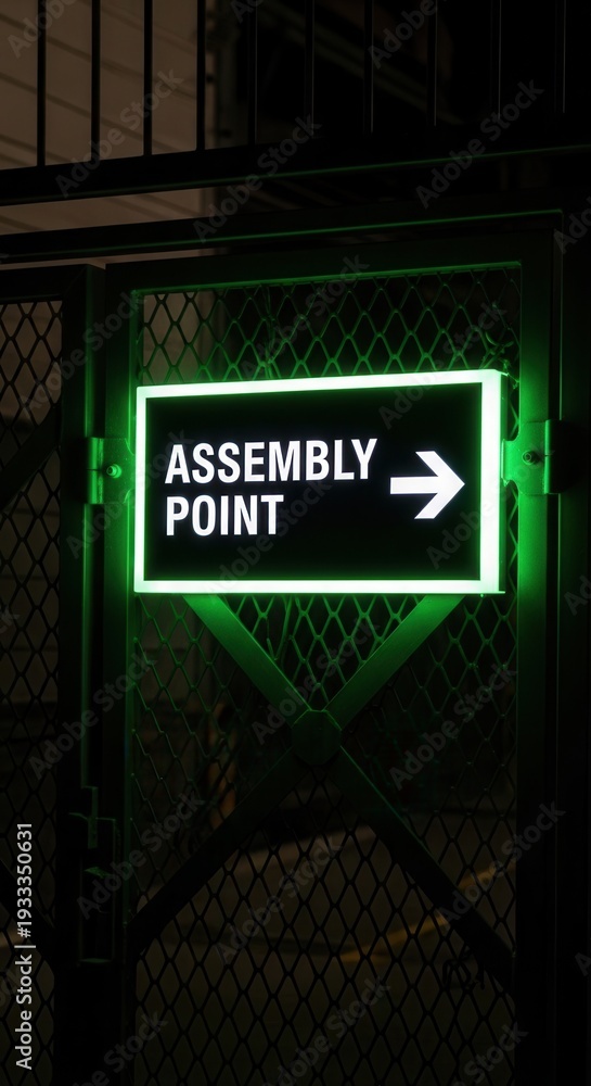 Obraz premium Illuminated Assembly Point Sign Guides Direction for Safety and Emergency Situations