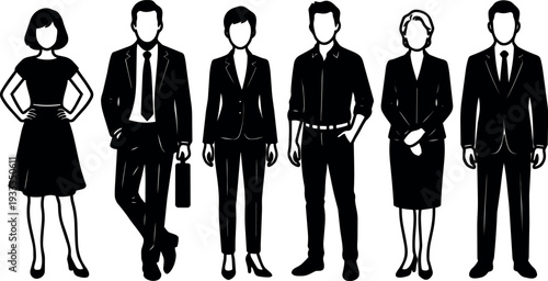 Minimalist vector silhouettes of six business people standing full length formal attire various poses briefcase confident professional office portrait group