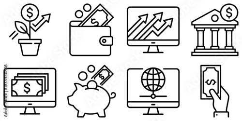 Financial Growth Icons: Investment, Savings, Technology, and Banking Concepts for Business