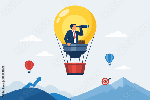 Businessman searching for opportunities in a hot air balloon light bulb. Business concept vector illustration of a visionary leader looking through a telescope for success, goals, and growth.