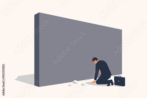 Businessman Kneeling in Front of a Massive Grey Wall, Concept of Business Obstacles, Career Failure, Depression, and Mental Health Challenges, Minimalist Vector Illustration of Professional Struggle