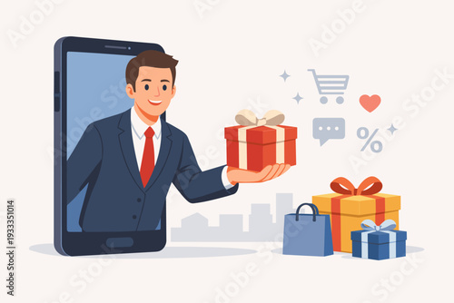Businessman in a suit emerging from a smartphone screen holding a red gift box, online shopping and digital gift delivery concept with shopping bags, gift boxes, and e-commerce icons background.