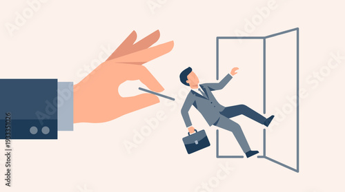Conceptual vector illustration of a large hand flicking a businessman out of an open door, representing job loss, being fired, unemployment, corporate downsizing, and employee dismissal.