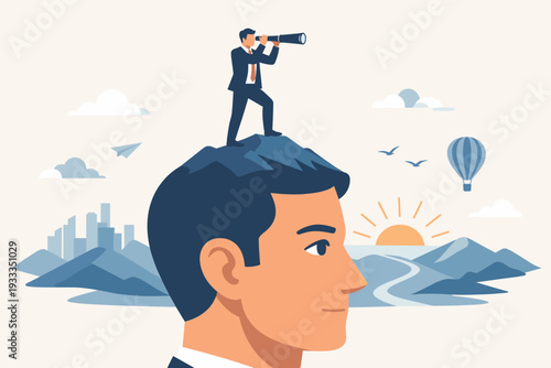 Businessman Standing on Giant Head Looking Through Telescope for Future Opportunities, Visionary Leadership and Strategic Planning Concept for Business Success, Foresight and Goal Achievement