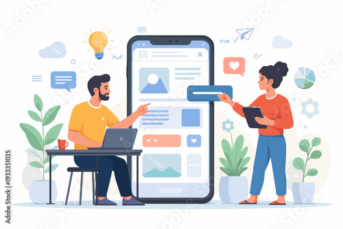 Team of software developers building a mobile application interface, UI UX design concept with man and woman working on smartphone screen, laptop and tablet in creative office workspace.
