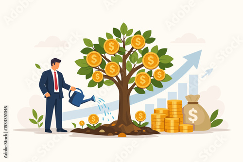 Businessman watering money tree with gold coins for financial growth, investment success, wealth accumulation, and profit increase with rising arrow bar charts and money bag vector illustration
