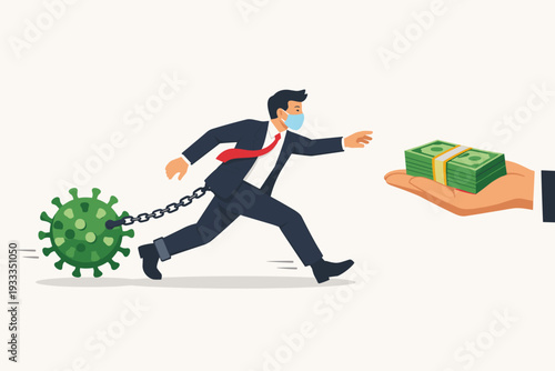 Businessman wearing a face mask chained to a coronavirus pathogen running to reach a hand offering a stack of money, symbolizing economic struggle, financial aid, and pandemic recovery efforts.