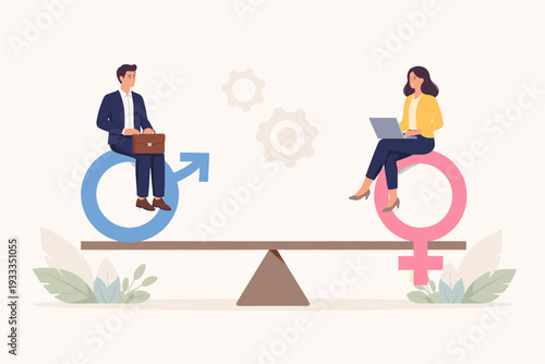 Gender equality and equal rights concept with man and woman sitting on gender symbols on a balanced seesaw scale representing parity in business, career opportunities, and social justice.