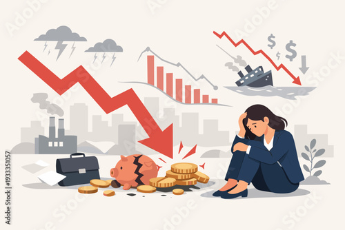 Businesswoman Feeling Stressed During Global Financial Crisis and Economic Recession with Market Crash, Broken Piggy Bank, Downward Arrow, and Sinking Ship Symbols in Vector Illustration.