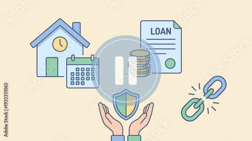 Home loan repayment moratorium concept with pause icon, house, calendar, and coins. Financial relief measures, debt deferral, mortgage payment holiday, and protection shield for economic support.