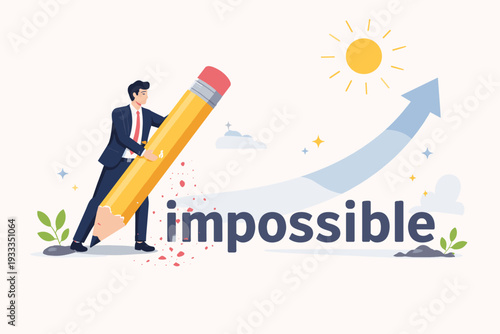 Businessman Erasing IM from the Word Impossible with a Giant Pencil to Make it Possible, Concept of Motivation, Overcoming Challenges, Success, Hope, and Positive Mindset for Business Growth.