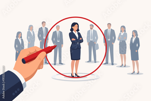 Hand of a Manager Drawing a Red Circle Around a Successful Businesswoman Candidate in a Group of Professionals. Recruitment, Talent Acquisition, and Human Resources Selection Vector Illustration.