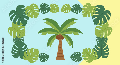 Vibrant Palm Tree Illustration with Tropical Leaves Border.