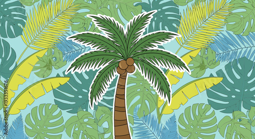 Vibrant Palm Tree with Coconuts and Tropical Leaves.