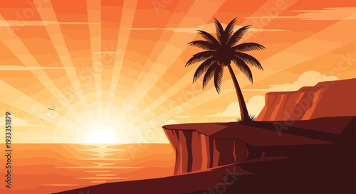 Silhouette of a lone palm tree on a cliff overlooking the ocean at sunset 1.
